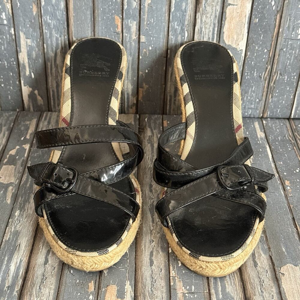 Burberry Black Patent Leather & Nova Check Espadrille Wedge Sandals Sz 9